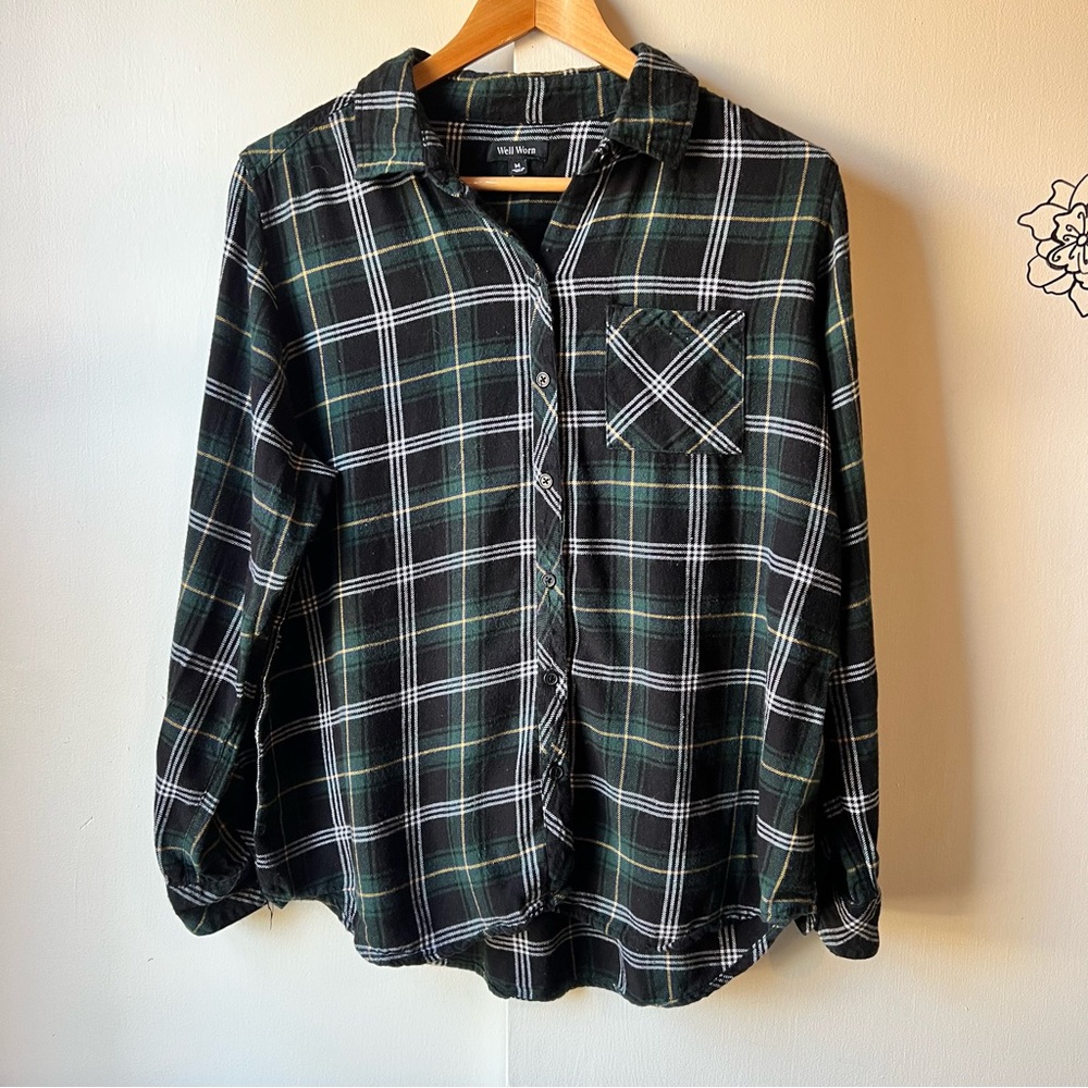 Well Worn Black and Green Plaid Shirt Womens Medium